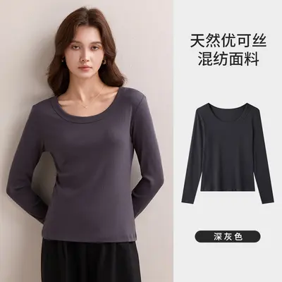 Weißes Damen-Langarm-T-Shirt aus Baumwolle mit U-Ausschnitt - 10