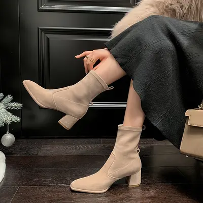 Women's Chunky Heel Stretch Suede-Look Short Boots, Slim Fit
