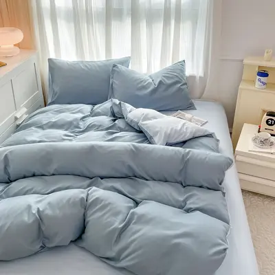 Manufacturer wholesale solid color washed cotton four-piece set plain brushed bedding set ins style sheet duvet cover three-piece set 3