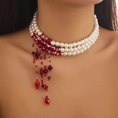 Perlenkette mit Tropfenblut-Design, Choker - 7