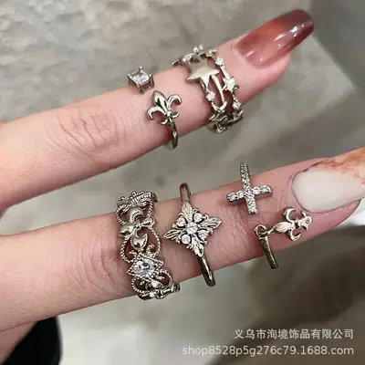 中古鸢尾花十字咖啡金戒指女款复古小众设计感独特叠戴食指戒指环 - 7