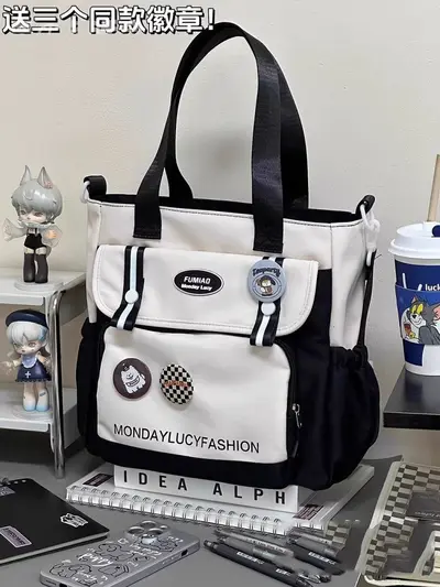 Japanischer ins-Colorblock Schüler Handtasche Nachhilfetasche aus Segeltuch für Mittelschüler Große Kapazität Schulrucksack Damenschultertasche - 11