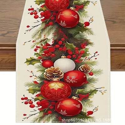 Christmas Table Runner with Winter Snowman and Santa Claus Print - 10