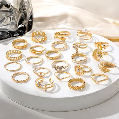 Cross-border bestselling diamond-studded cross leaf ring multi-jointed 23-piece set pearl sun and moon ring
