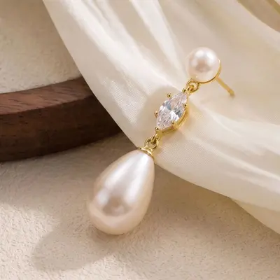 Korean Style Gentle Water Drop Pearl Earrings High-End Marquise Diamond Long Dangle Earrings Simple Temperament Fashion Accessories Wholesale
