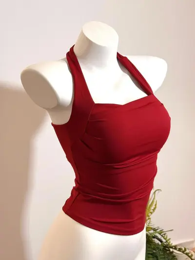 Red Backless Halter Yoga Tank Top, Thin Summer Style with Bra Pads - 2