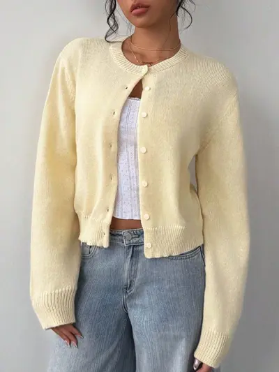 Damen Langarm-Strickjacke, weich, kurz, locker geschnitten