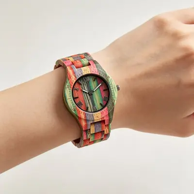 Men's and women's wooden wristwatch with colourful Roman numerals
