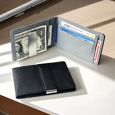 Koreanische Herrenbrieftasche, kurz, mit Kreuzmuster und Geldklammer aus Edelstahl