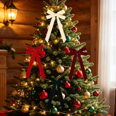 Christmas Tree Bow Ornament with Velvet Ribbon for Hanging Decor - 5