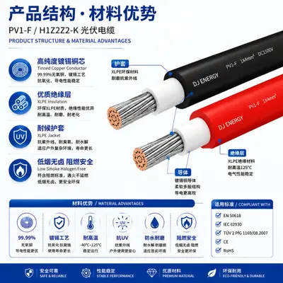 PV1-F H1Z2Z2-K Solar PV Cable, 4 sq mm, CE Certified, TÜV 6 sq mm Photovoltaic Wire