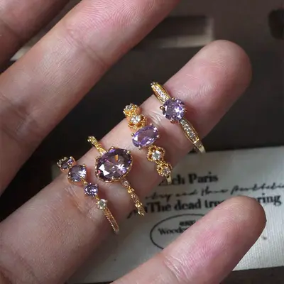 Purple open design ring for women, vintage style, versatile