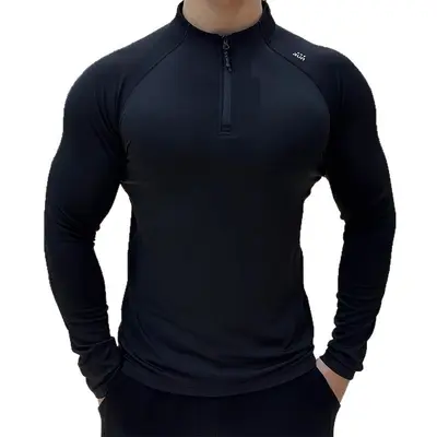Herren langärmliges Sport-Shirt, schnelltrocknend, Halbreißverschluss