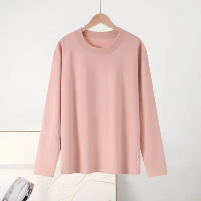 Women's 230g simple inner-lined shirt autumn long sleeve pure cotton right shoulder men's t-shirt round neck solid color double outfit wholesale - 9