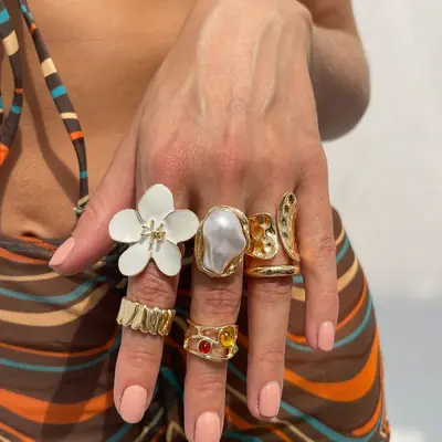 European and American cross-border design liquid lava flower open ring ins baroque imitation pearl inlay gemstone ring - 12
