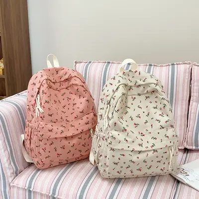 Small Floral Print Corduroy Backpack, Lightweight School Bag for Students - 3