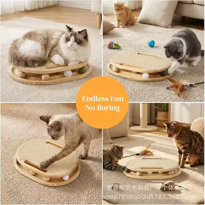 Ahşap Kedi Tırmalama Tahtası, Döner Eğlence Oyuncaklı