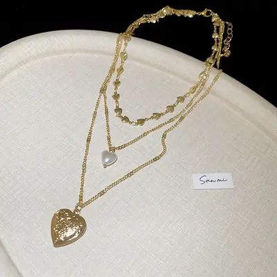 Kalp Ucu Üç Sıralı İnci Kolye Özgün Köprücük Kemiği Zinciri - 7