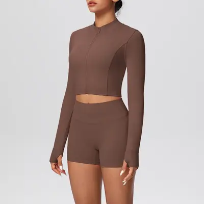 Solid Color Two-Piece Short Jacket Set, Tight-Fit Yoga and Running Wear - 4