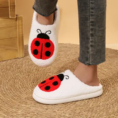 Embroidered Ladybug Home Slippers, Unisex, Memory Foam, Autumn Winter - 1