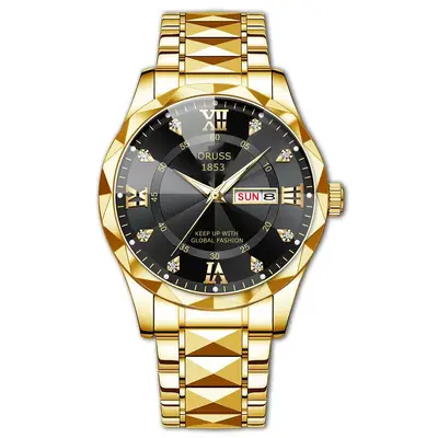 Men's waterproof quartz watch with luminous dial and dual calendar