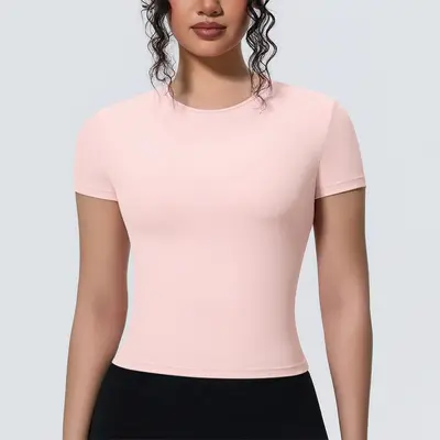 Çapraz Sınır Yeni Model Spor Çıplak Hissi Bel Toplayıcı İnce Kısa Kollu Nefes Alabilen Yoga Giyim T-Shirt Koşu Antrenmanı Fitness Üstü Kadın - 7