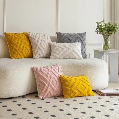 Diamond-patterned grid plush pillowcase modern minimalist home decor cushion cover living room solid color sofa pillow cushion - 2