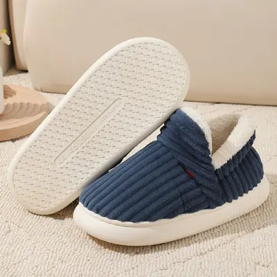 Men's Corduroy Cotton Indoor Shoes, Thick Sole, Fleece-Lined, Full-Wrap