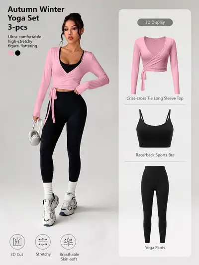 Kadın 3'lü Fitness Takım, Dar Kesim Hızlı Kuruyan Spor ve Pilates Kıyafeti - 8
