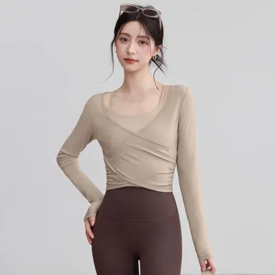 Women's Mesh Yoga Set with Built-in Bra Pad, Long Sleeve Pilates Top - 6