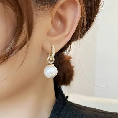 Round Pearl Earrings, Zircon Micro-Inlaid, Women's Studs