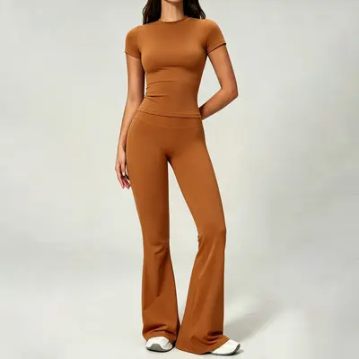 Yoga giyim seti kadın, çıplak hissi, kısa kollu, flare pantolon - 11