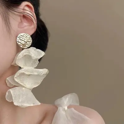 Chiffon Petal Earrings Vintage White Women's Style - 2