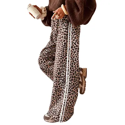 Damen-Freizeithose mit hohem Bund, Leopardenmuster, Streifenbesatz, gerades Bein - 7