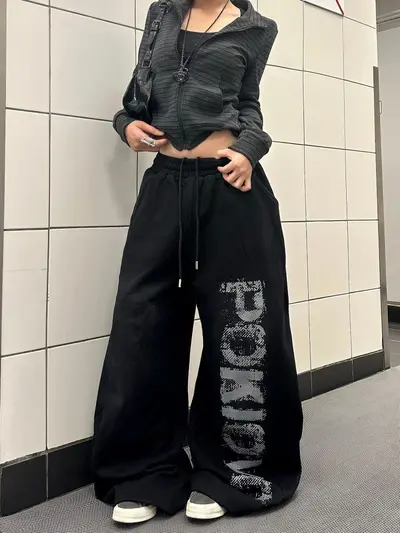 Women's Letter Print Washed Wide-Leg Sweatpants, Loose Fit