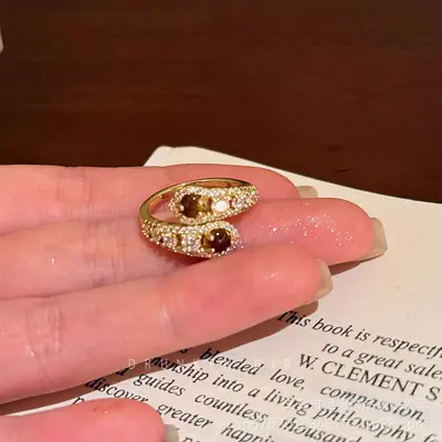 Tiger eye star water drop open ring - 11