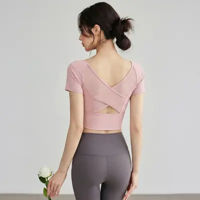 Kadın Kısa Kollu Yoga Üstü, Çapraz Açık Sırt, Mesh Koşu ve Pilates - 7