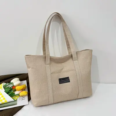 Women's Shoulder Tote, Imitation Linen Shopping Bag, Large Capacity - 9
