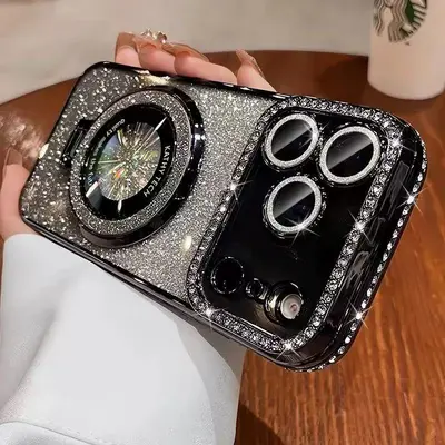 Glitter Magnetic Stand Phone Case for iPhone 17 Pro Max with Lens Protector - 10