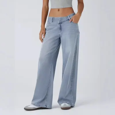 Kadın Denim Bol Paça Pantolon Retro Gevşek Kesim Yüksek Bel