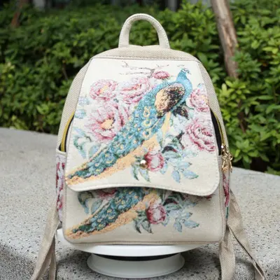 Women's Ethnic Embroidered Canvas Backpack with Gold Thread Embroidery - 9