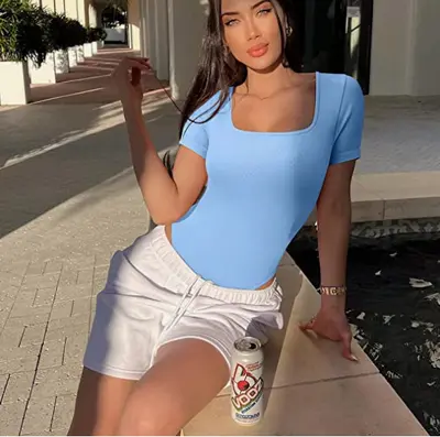 Kadın Kare Yaka Kısa Kollu Fitilli Dar Tulum, Yaz Modeli - 8
