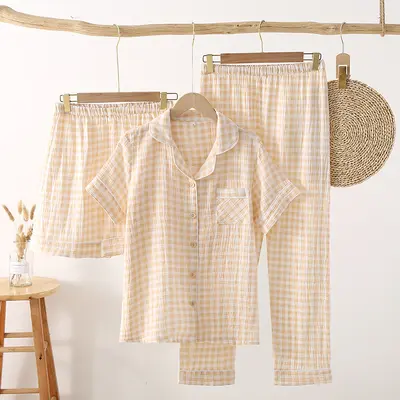 Double-Layer Pure Cotton Gauze Women's Short-Sleeve Pajama Set, 3-Piece - 9