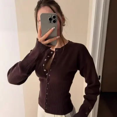 Damen-Rundhals-Strickcardigan, französischer Klassikstil, Freizeitpullover - 8