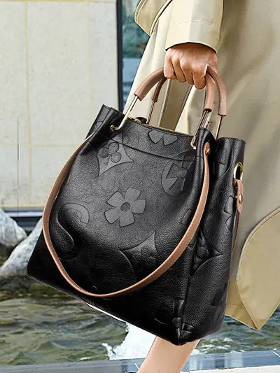 Women's Large Embossed Bucket Bag with Inner Tote