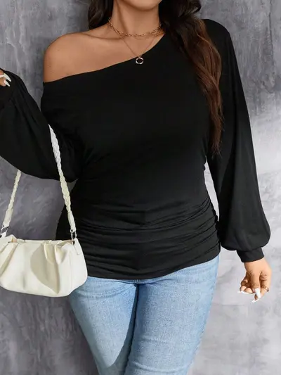 Plus Size Women's T-Shirt with Sloped Collar and Dropped Shoulders, Autumn/Winter