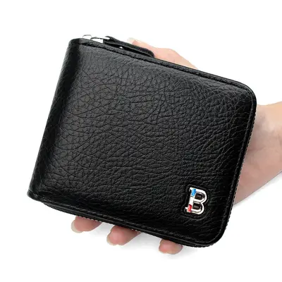 Men's Short Zipper Wallet with Multiple Card Slots and Coin Pocket