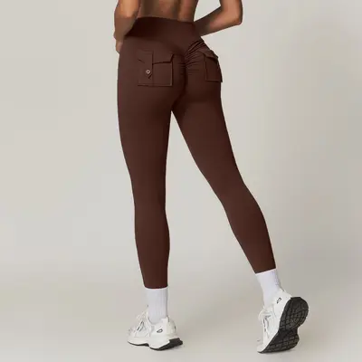 Peach Cargo Pocket Yoga Pants, High-Waist Butt-Lifting, Quick-Dry - 9
