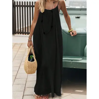 Women's Solid Color Backless Spaghetti Strap Home Dress - 8
