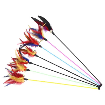Factory Wholesale Cat Teaser Wand Long Pole Cat Teaser Stick Cat Toy Colorful Feather Bell Replacement Head Pet Supplies